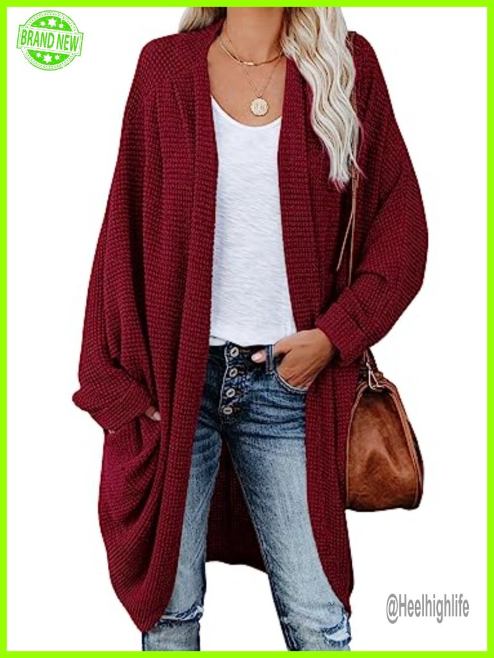 Women's Open Front Knit Cardigan Batwing Sleeve Oversized Waffle Sweater with